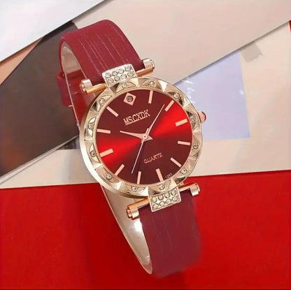 Imported Luxury Red Heart Jewelry & Watch Gift Set – Elegant Ladies' Watch with Necklace, Earrings & Ring – Perfect Gift for Women