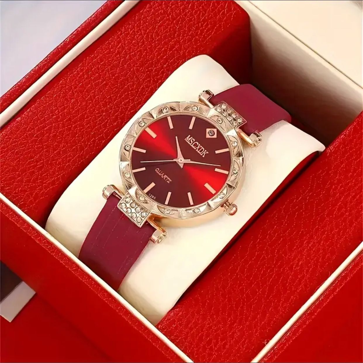 Imported Luxury Red Heart Jewelry & Watch Gift Set – Elegant Ladies' Watch with Necklace, Earrings & Ring – Perfect Gift for Women