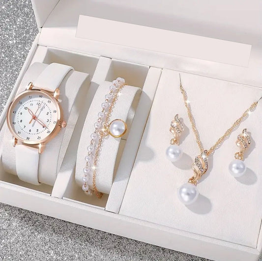 Imported 5pcs Pearl Jewelry & Watch Set – Elegant Gift for Women