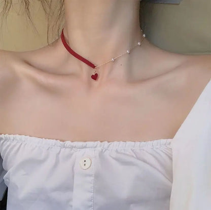 Imported Red Velvet Heart & Pearl Choker – Elegant Gold-Tone Necklace for Women