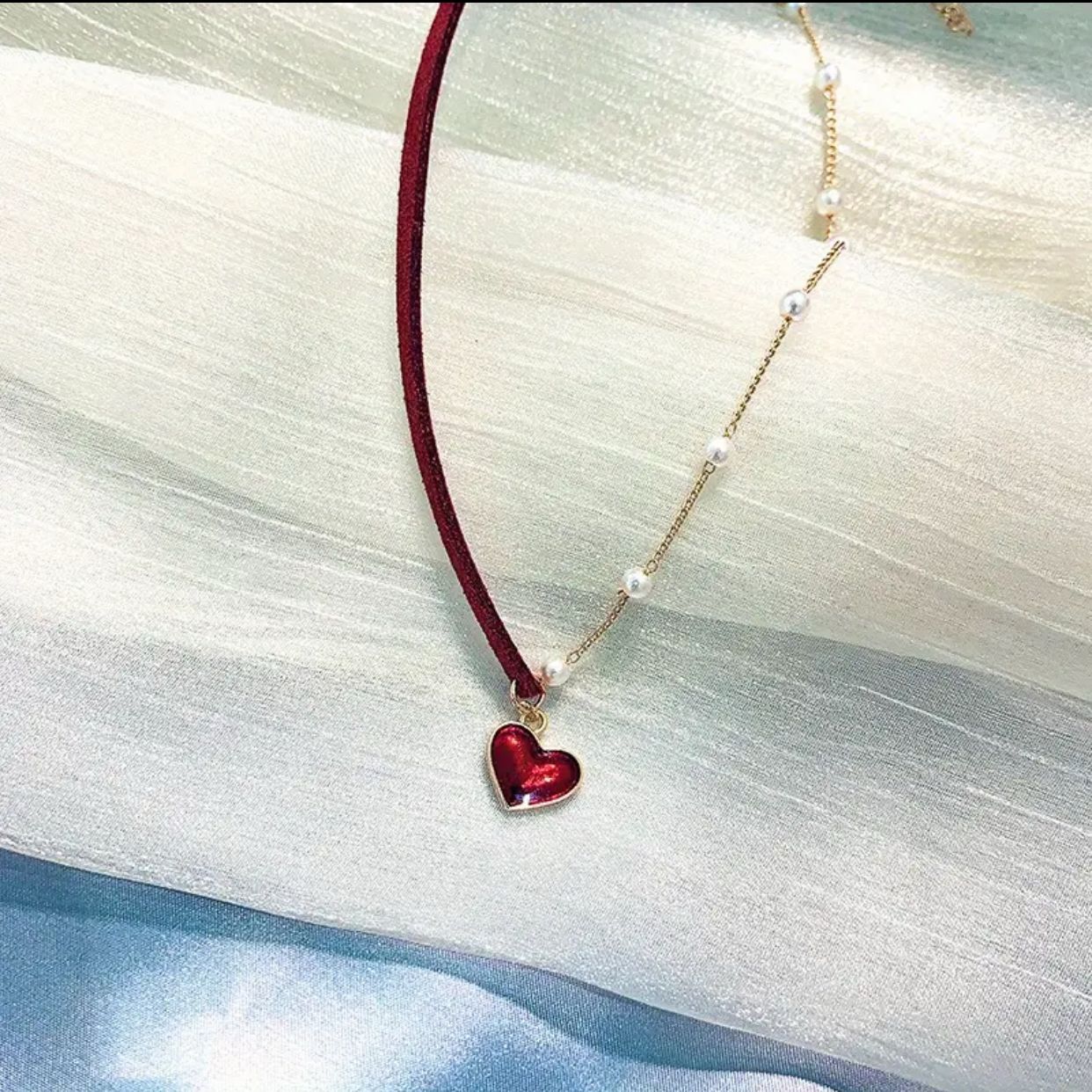 Imported Red Velvet Heart & Pearl Choker – Elegant Gold-Tone Necklace for Women