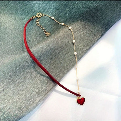 Imported Red Velvet Heart & Pearl Choker – Elegant Gold-Tone Necklace for Women