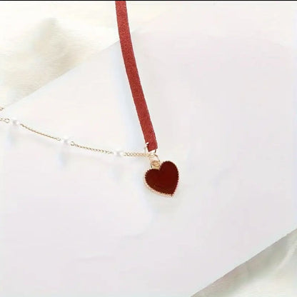 Imported Red Velvet Heart & Pearl Choker – Elegant Gold-Tone Necklace for Women