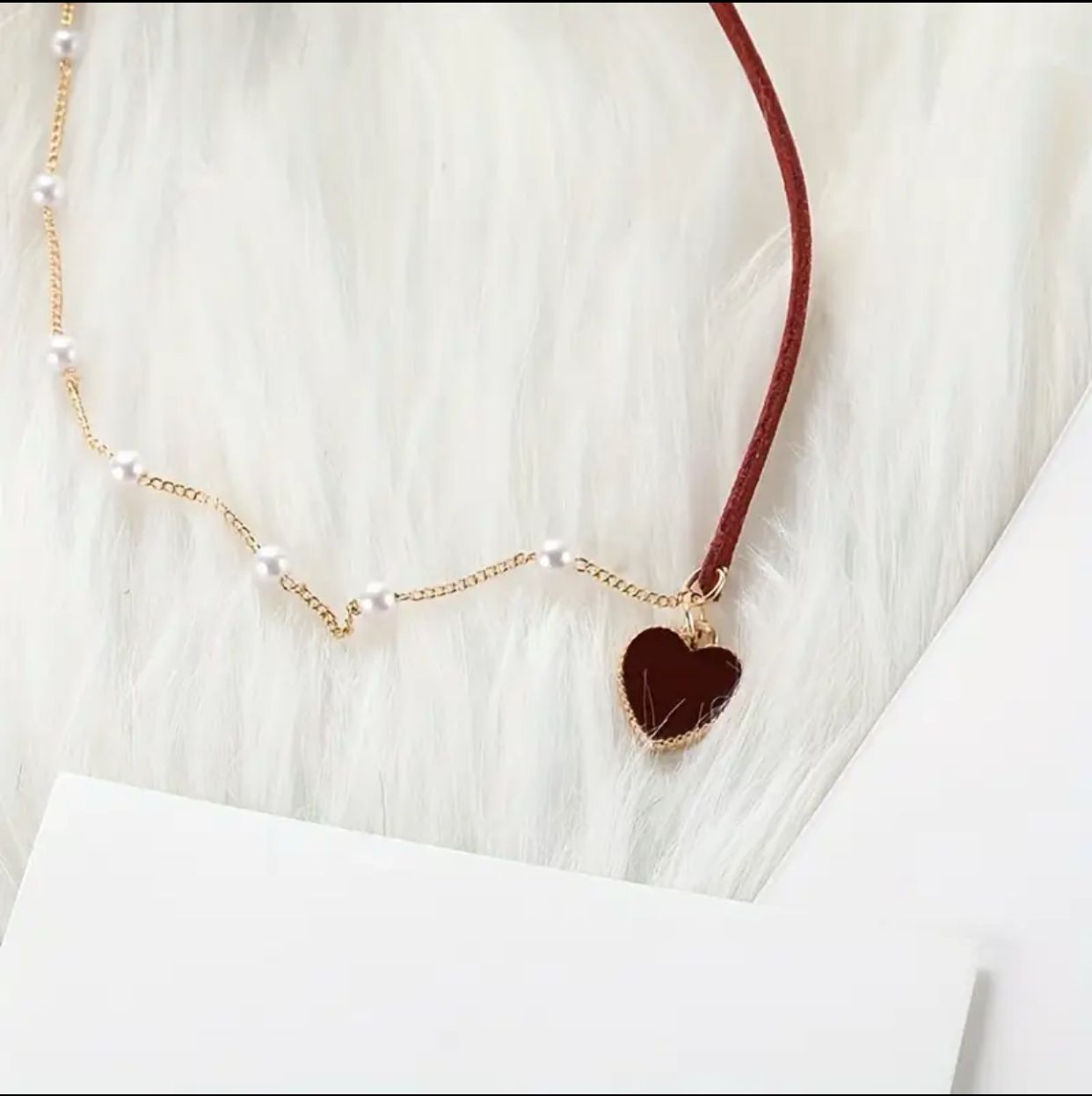 Imported Red Velvet Heart & Pearl Choker – Elegant Gold-Tone Necklace for Women