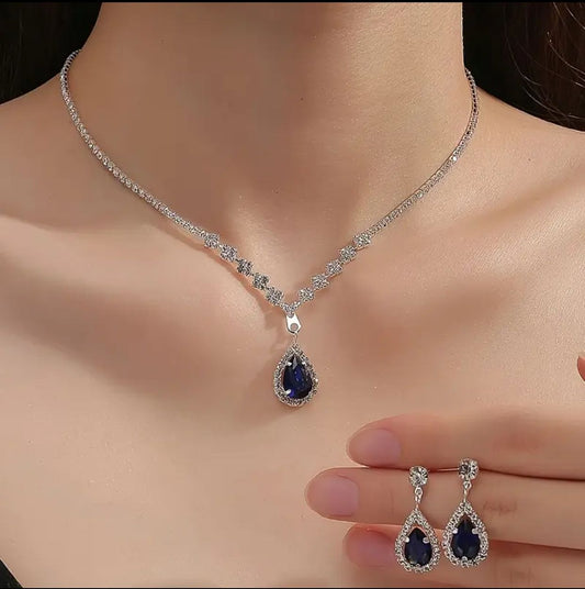 Imported Luxury Titanic Blue Zirconia Necklace & Earrings Set – Elegant Bridal & Party Jewelry