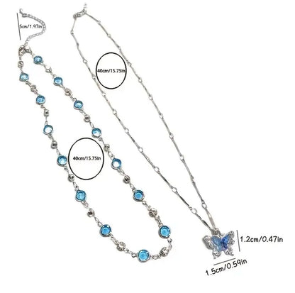 Imported 2pcs Blue Butterfly Pendant Necklace Set – Trendy Double-Layer Choker for Women