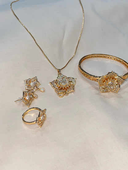 Elegant 4Pcs Gold-Plated Jewelry Set – Necklace, Ring, Earrings & Bangle