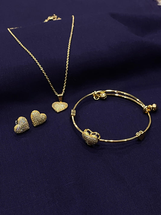 Elegant Gold-Plated Heart Jewelry Set – Necklace, Tops, Earrings & Bangle