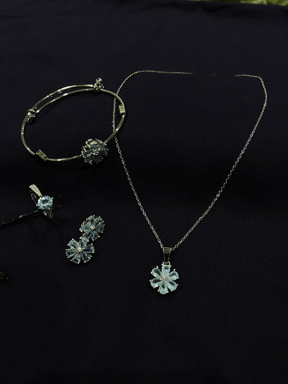 Elegant Silver-Colored Gold-Plated Jewelry Set – Necklace, Ring, Earrings & Bangle