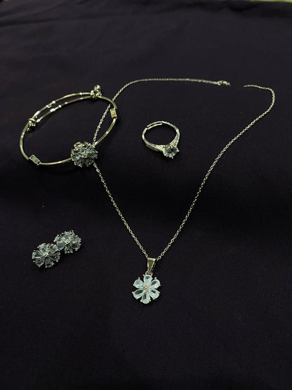 Elegant Silver-Colored Gold-Plated Jewelry Set – Necklace, Ring, Earrings & Bangle