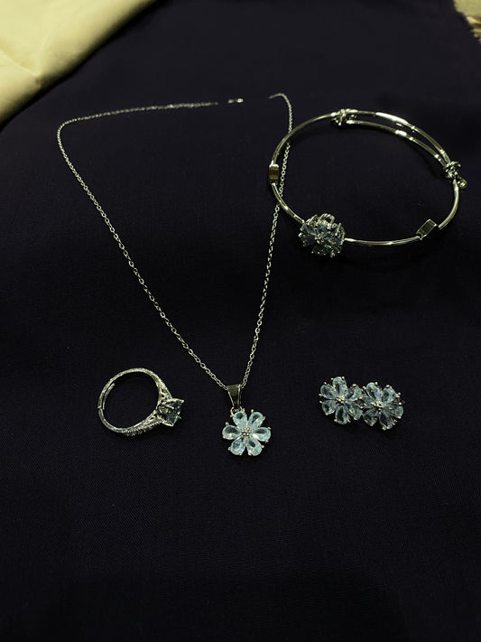 Elegant Silver-Colored Gold-Plated Jewelry Set – Necklace, Ring, Earrings & Bangle