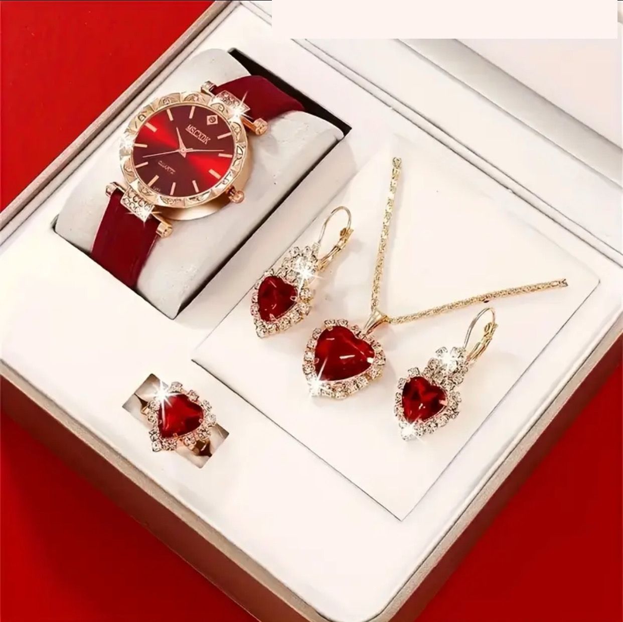 Imported Luxury Red Heart Jewelry & Watch Gift Set – Elegant Ladies' Watch with Necklace, Earrings & Ring – Perfect Gift for Women